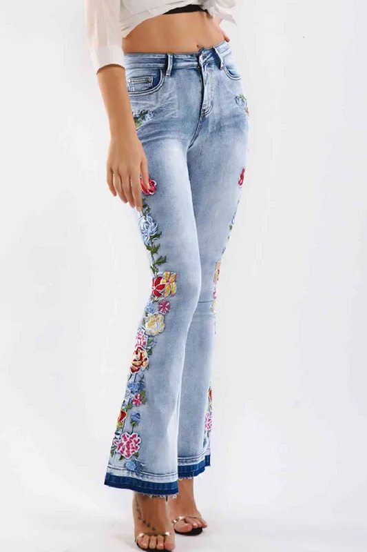 women's denim jeans for curvy womenFull Size Flower Embroidery Wide Leg Jeans