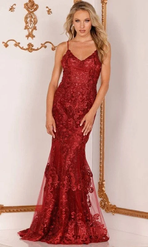 Classic Formal Dress StylesTerani Couture - 2215P0029 V-Neck Embroidered Trumpet Gown