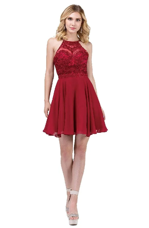 plus-size friendly party dressesDancing Queen - 3008 High Halter Embroidered Lace Homecoming Dress