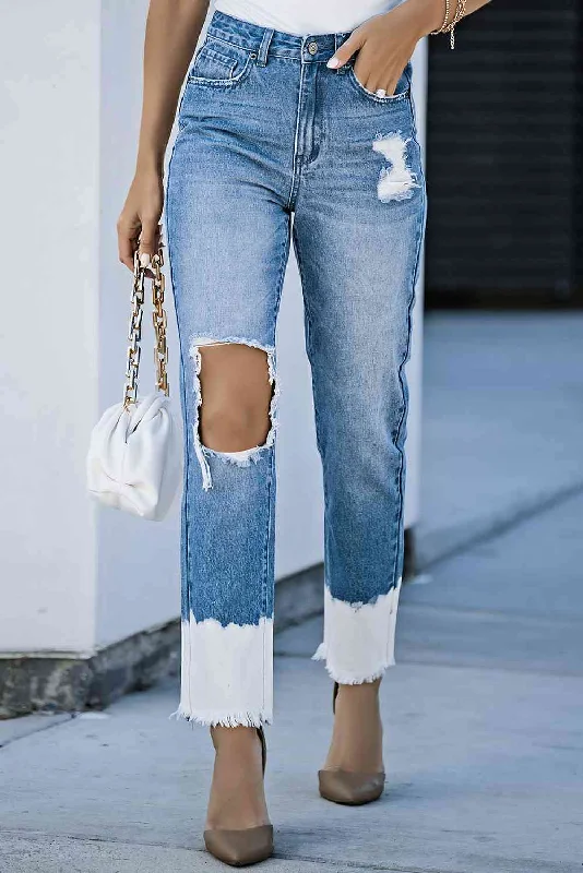 women's denim jeans with distressed back pocketsContrast Distressed High Waist Jeans