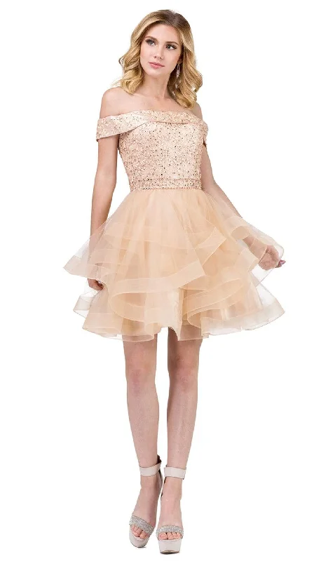 midi party dressesDancing Queen - 3079 Off Shoulder Tiered Tulle Homecoming Dress