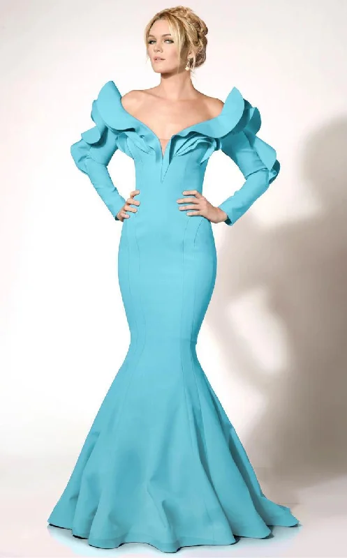 Full-Body Long Sleeves Jumpsuit DressMNM COUTURE 2285A Long Sleeve Off-Shoulder Mermaid Dress