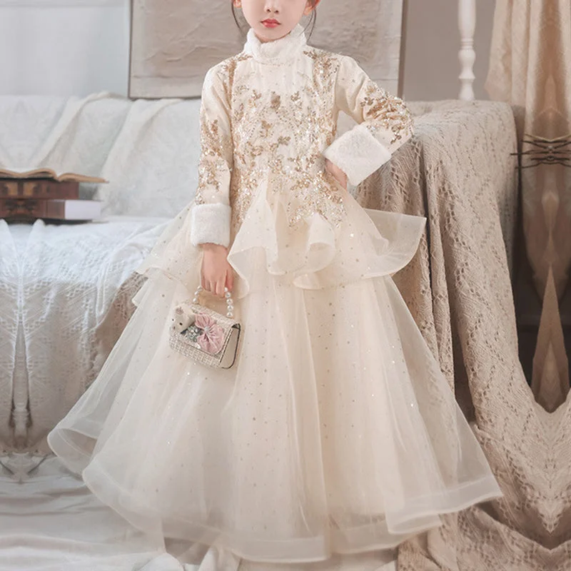 Formal Long Sleeves DressFlower Girl Dress Children Winter Elegant Embroidery Long Sleeve Puffy Princess Dress