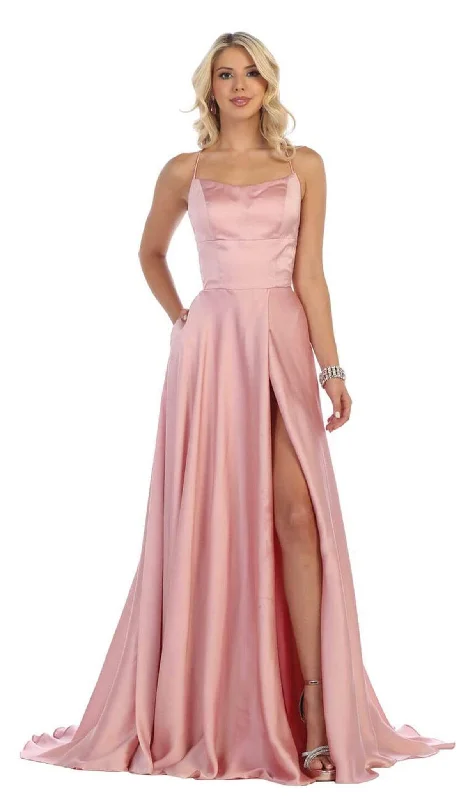 Formal Dress for Theme Park EventsMay Queen - MQ1642 Halter Neck Tie String Back A-Line Satin Gown