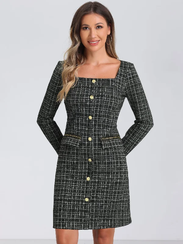 Full Length Long Sleeves DressTweed Plaid Long Sleeves Square Neckline Knee Length Dress