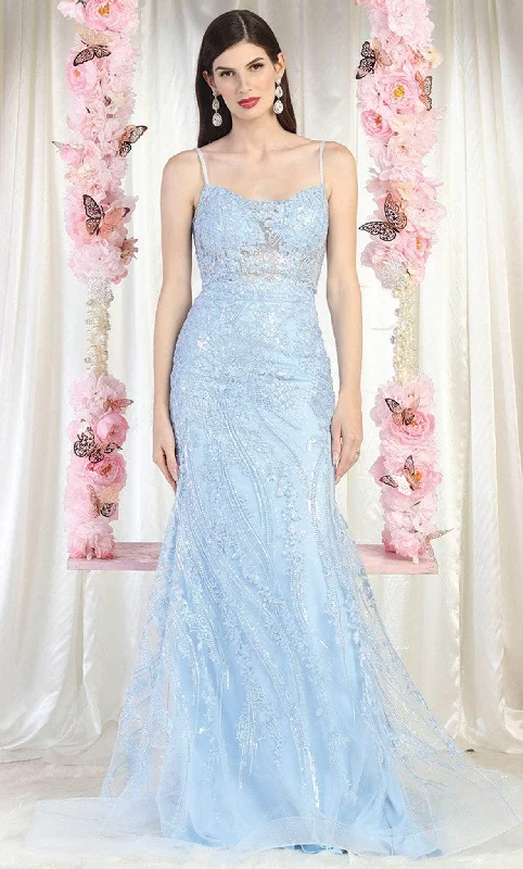 Formal Dress for Fashion WeeksMay Queen RQ7974 - Embroidered Strappy Train Gown