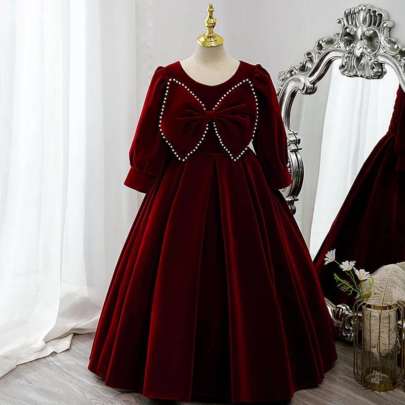 Fresh Long Sleeves DressFlower Girl Dress Children Communion Elegant Red Velvet Bow Knot Long Sleeve Princess Dress