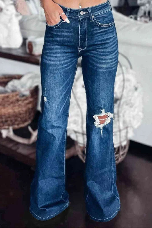 women's denim jeans with distressed hemsAsymmetrical Open Knee Distressed Flare Jeans