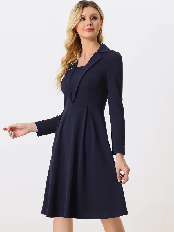 Fancy Long Sleeves DressElegant Office Square Neck Long Sleeve Pleated A-line Dress