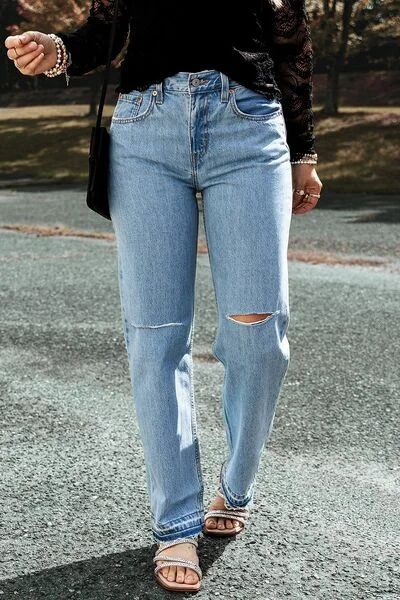 women's denim jeans with raw hemsDistressed Straight Jeans