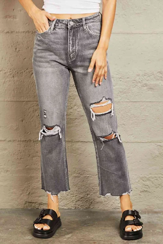 women's ankle-length denim jeansBAYEAS Mid Rise Distressed Cropped Dad Jeans