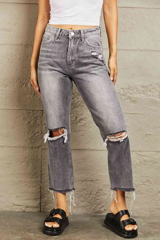 women's denim jeans with raw hemsBAYEAS Stone Wash Distressed Cropped Straight Jeans