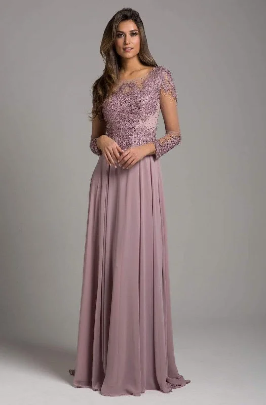 Flowery Long Sleeves Tea DressLara Dresses - Sheer Long Sleeve Chiffon A-Line Dress 29921 - 2 pcs Mauve In Size 6 and 14 Available