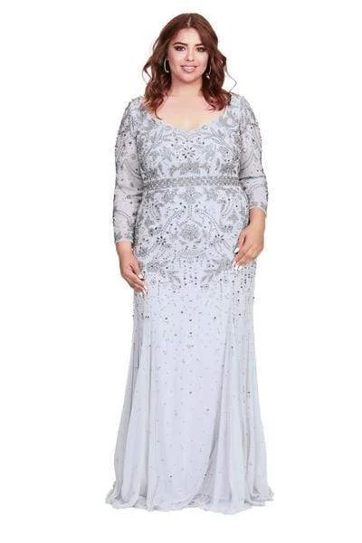 Fuzzy Long Sleeves Wrap DressShail K - Bedazzled Long Sleeve V-neck Trumpet Dress 12162W - 1 pc Navy In Size 18W Available