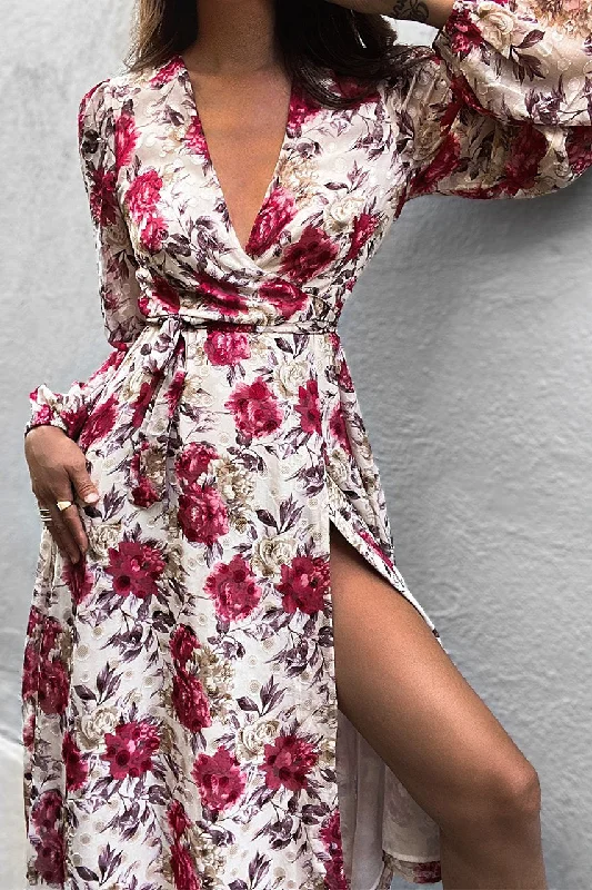 Formal Elegant Long Sleeves DressSeven Wonders The Label WOMENS FLORENCE LONG SLEEVE WRAP DRESS - BERRY FLORAL