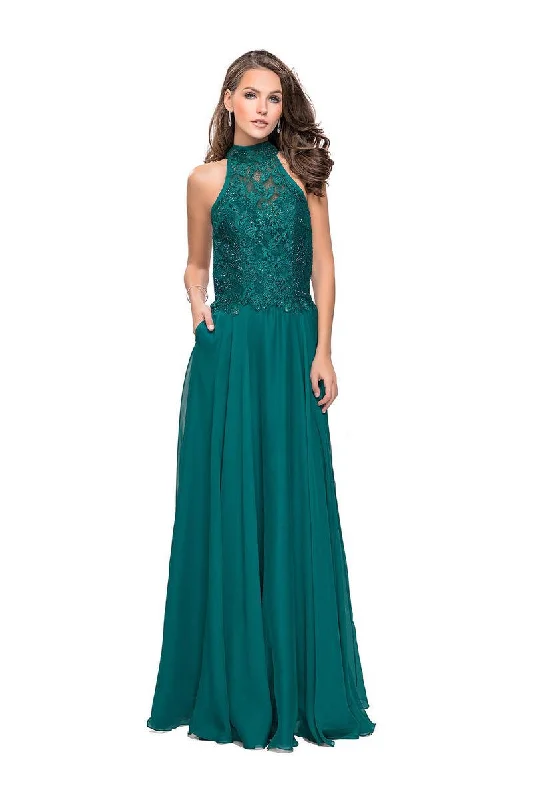 Formal Dress Shopping GuidesLa Femme - 25355 Bejeweled Illusion Halter Lace Chiffon Gown