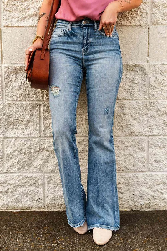 women's denim jeans for petite womenHigh-Rise Waist Distressed Flare Jeans