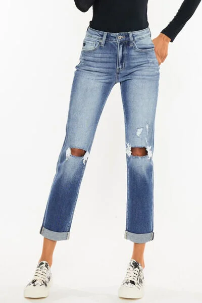 women's denim jeans with animal printsKancan High Waist Distressed Hem Detail Cropped Straight Jeans