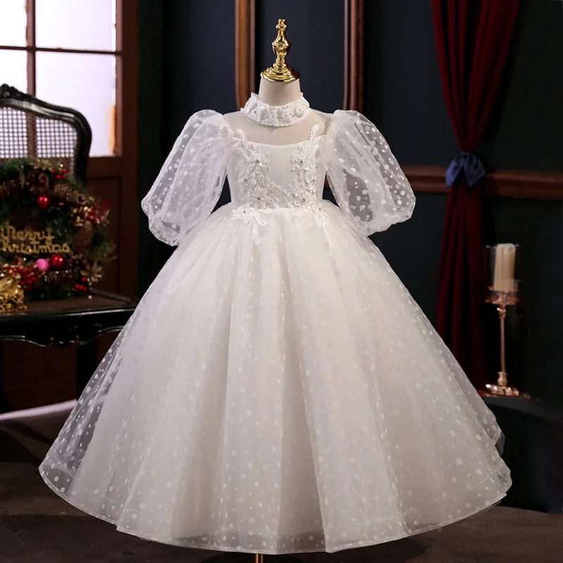 Formal Long Sleeves Cocktail GownFlower Girl Dress Children First Communion White Princess Dress Long Sleeves Fluffy Pageant Dress