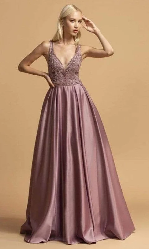 Formal Dress for Eco-Friendly ThemesAspeed Design - L2001 Embroidered Deep V Neck Satin A-Line Gown