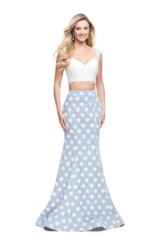 Formal Dress for Formal DancesLa Femme - 26206 Two Piece Lace and Denim Polka Dot Trumpet Gown