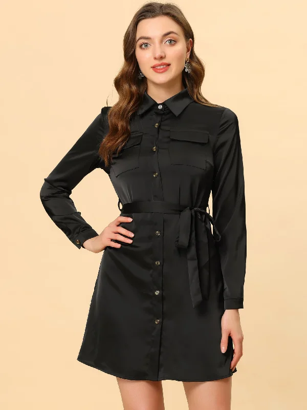 Formal Long Sleeves DressLapel Belt Long Sleeve Button Satin Above Knee Dress