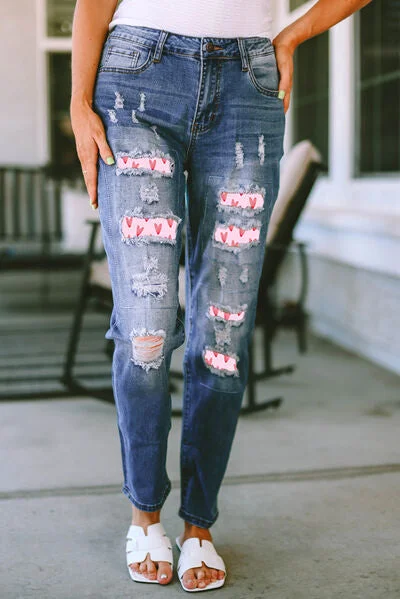 women's mom jeans denimHeart Pattern Distressed Straight Jeans