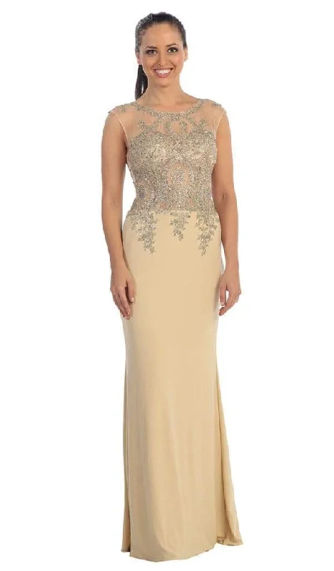 Formal Dress for Fashion WeeksDancing Queen - Sheer Cap Sleeves Gold Tone Lace Applique Gown 9173 - 1 Pc. Nude in size Medium Available