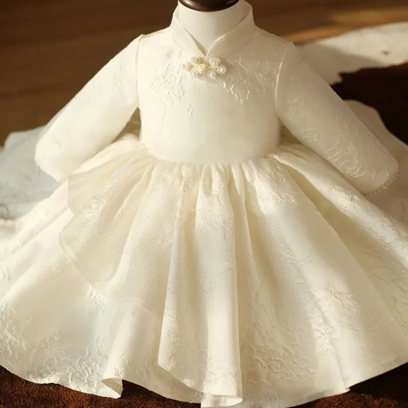 Fitted Long Sleeves DressFlower Girl Dress Toddler Autumn Winter Vintage Long Sleeve White Christening Dress