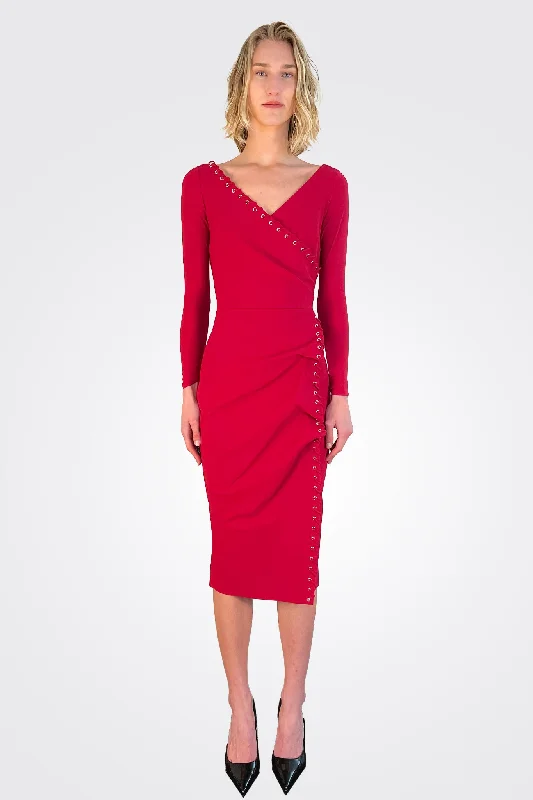 Flirty Long Sleeves Cold-Shoulder DressElma Long Sleeve Faux Wrap Cocktail Dress - Garnet