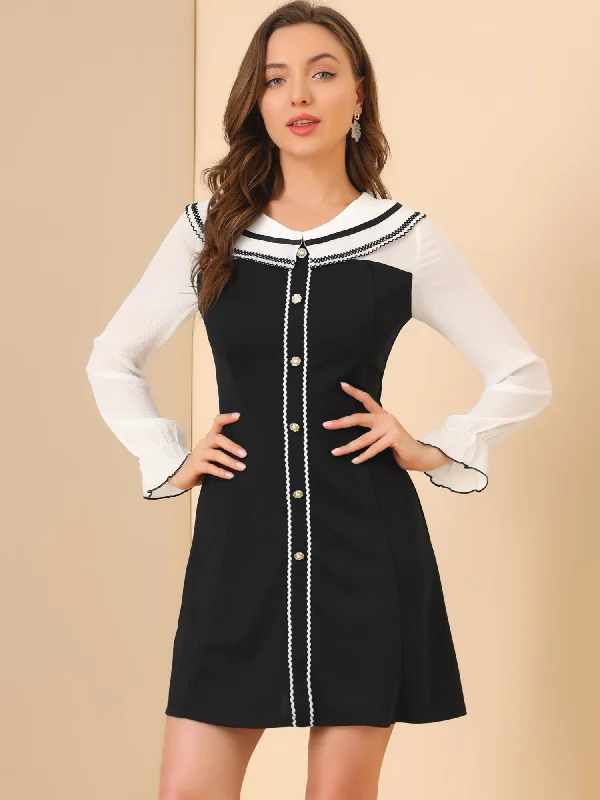 Flexible Long Sleeves Tunic DressLong Sleeve Doll Collar Chiffon Panel Stretch A-line Dress