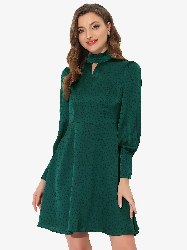 Fun Long Sleeves DressRetro Polka Dot Keyhole Button Cuff Long Sleeve A-line Dress