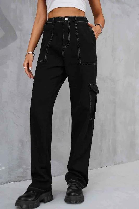 women's denim jeans with adjustable waistbandsBaeful Long Straight Leg Jeans with Pockets