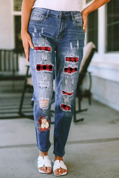 women's denim jeans for pear-shaped bodiesPlaid Distressed Jeans with Pockets