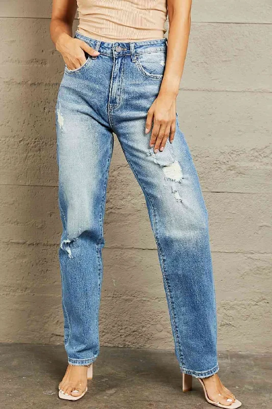 women's denim jeans with button-fly closureBAYEAS High Waisted Straight Jeans