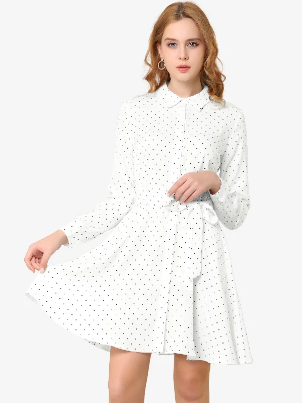 Flowery Long Sleeves Smock DressButton Down Long Sleeve Tie Waist Polka Dots Belted Shirt Dress