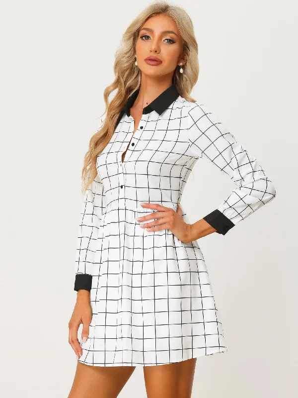 Formal Winter Long Sleeves DressCasual Grid Plaid Long Sleeve Contrast Color Collared Shirt Dress