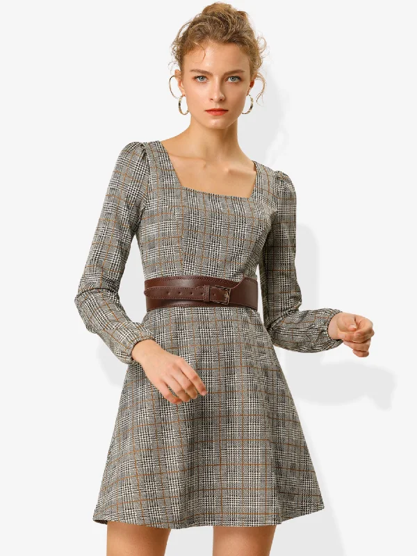 Formal Occasion Long Sleeves DressFall Vintage Square Neck Long Sleeve Plaid Dress