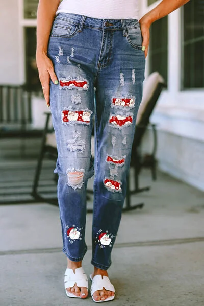 women's denim jeans for everyday wearSanta Graphic Distressed Jeans with Pockets