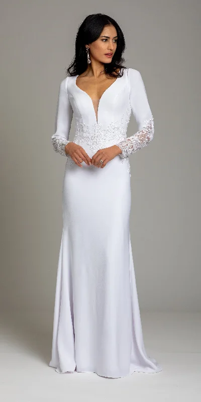 Fitted Formal Long Sleeves DressCrepe Embroidered Long Sleeve Illusion Back Column Dress