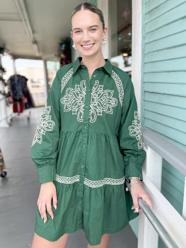 Fabulous Formal Long Sleeves DressThe Joanna Embroidered Long Sleeve Dress-Hunter Green