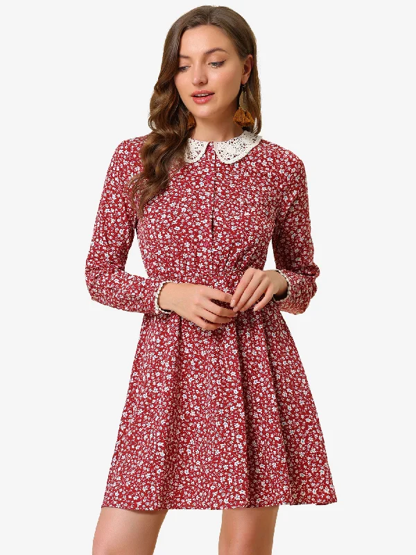 Formal Long Sleeves Bodycon Midi DressPeter Pan Collar Long Sleeve Half Placket Floral Dress with Belt