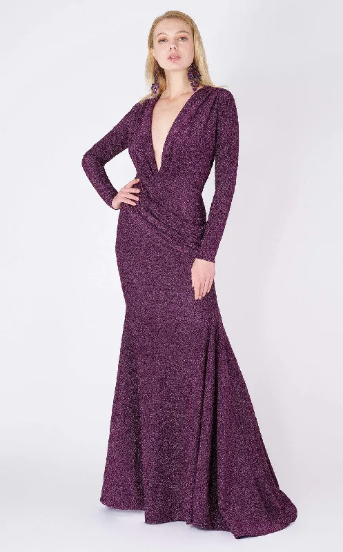 Fuzzy Long Sleeves Velvet DressMNM Couture - L0002B Long Sleeve V-neck Trumpet Dress