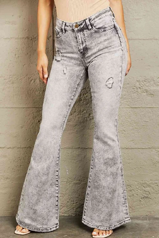 women's capri denim jeansBAYEAS High Waisted Acid Wash Flare Jeans