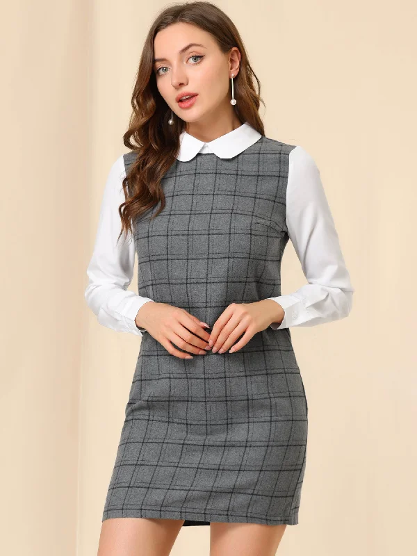 Flirty Fit Long Sleeves DressContrast Peter Pan Collar Long Sleeve Shift Plaid Dress