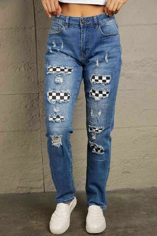 women's denim jeans for winterBaeful Checkered Patchwork Mid Waist Distressed Jeans