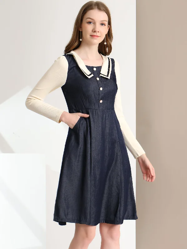 Fitted Long Sleeves Peplum Midi DressChambray Contrast Collar Long Sleeve Fit and Flare Denim Dress