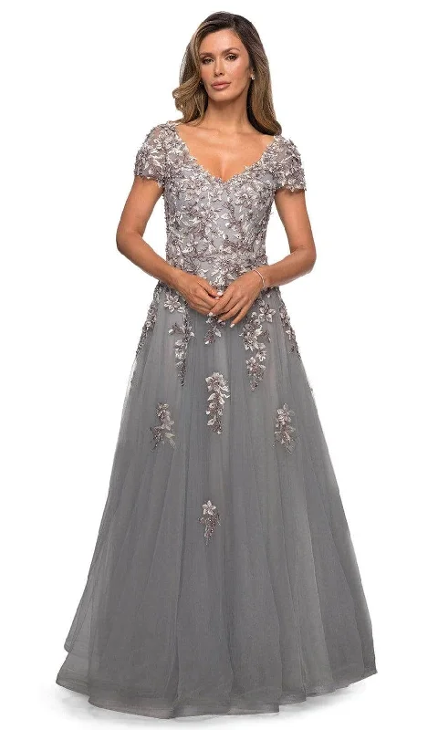 Formal Dress for Outdoor WeddingsLa Femme 27968SC - Appliqued Short Sleeve Formal Gown