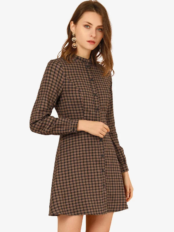 Formal Velvet Long Sleeves DressVintage Check Ruffle Neck Button Down Long Sleeve A-Line Dress