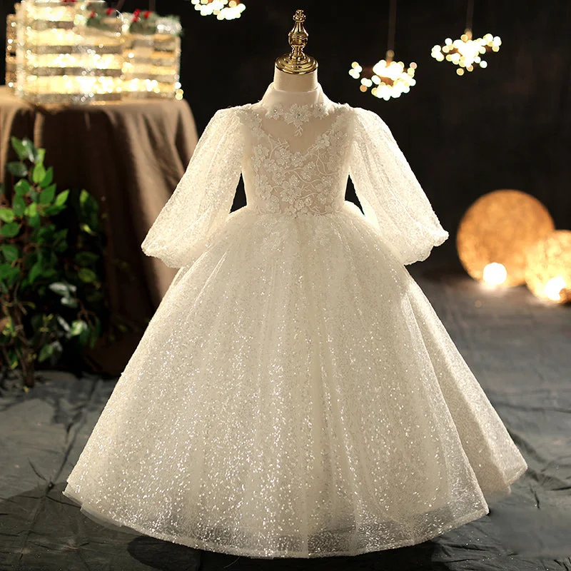 Fashionista Long Sleeves DressFirst Communion Dress Girl Long Sleeve Sequin Flower Girl Dress Pageant Princess Dress